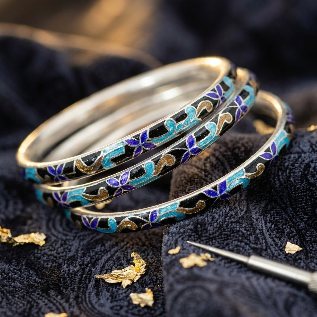 Enamel Work Traditional Silver Bangles (Set of 4)