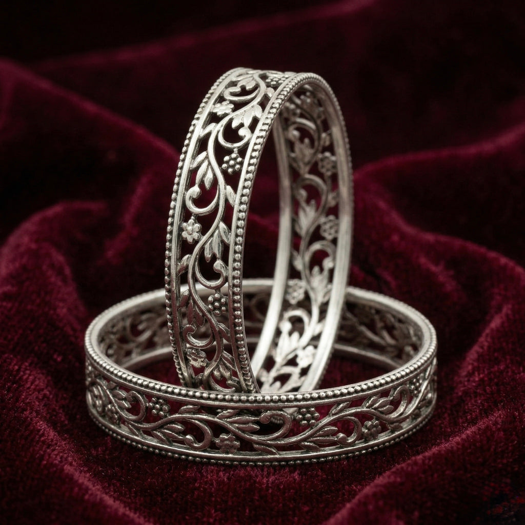 Floral Motif Solid Silver Bangles (Pair)