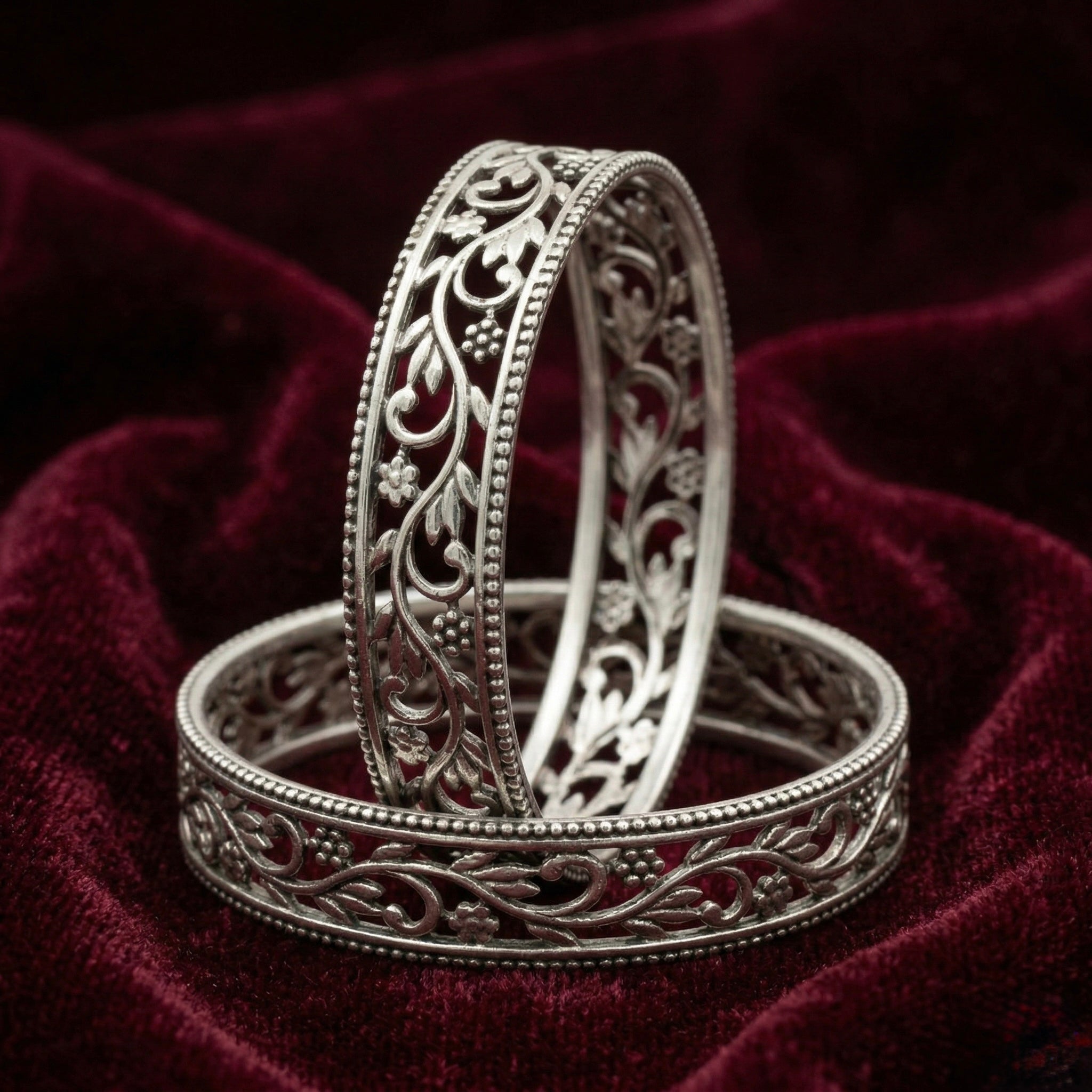 Floral Motif Solid Silver Bangles (Pair)