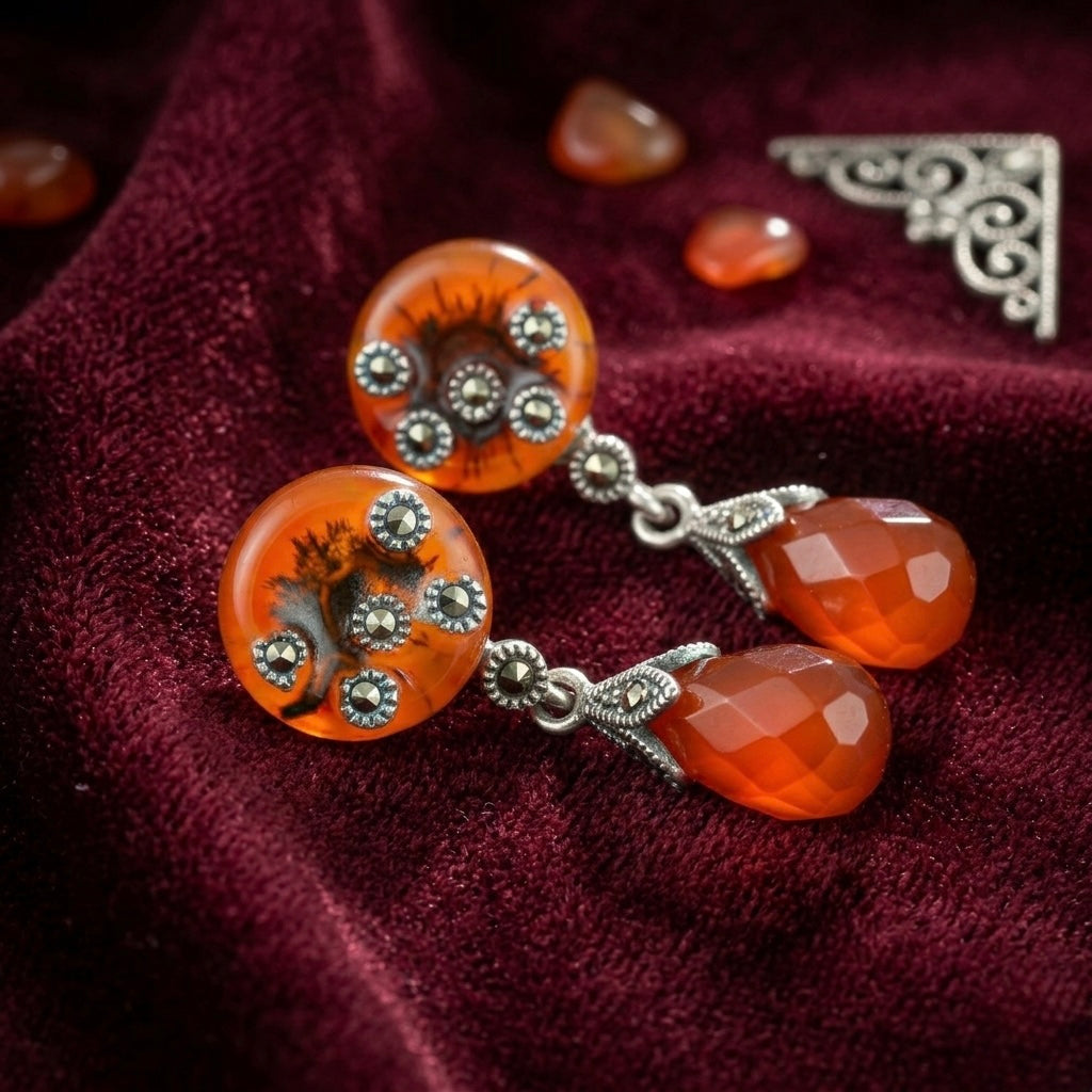 Moonraga Carnelian Teardrop Enamel & Marcasite Drop Earrings