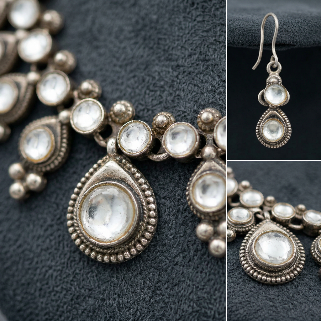 Kundan Stone Silver Necklace & Earrings Set