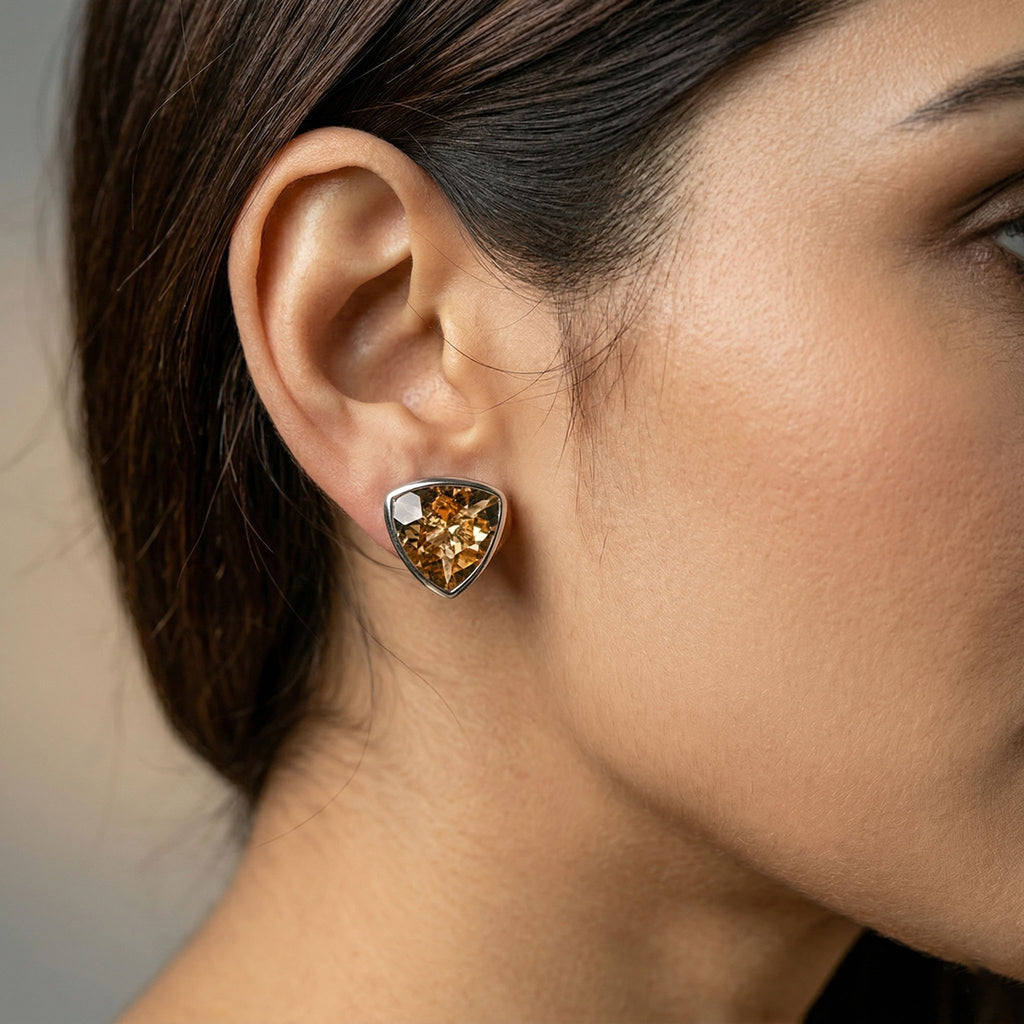 Citrine Stud Rhodium Polish Silver Earrings