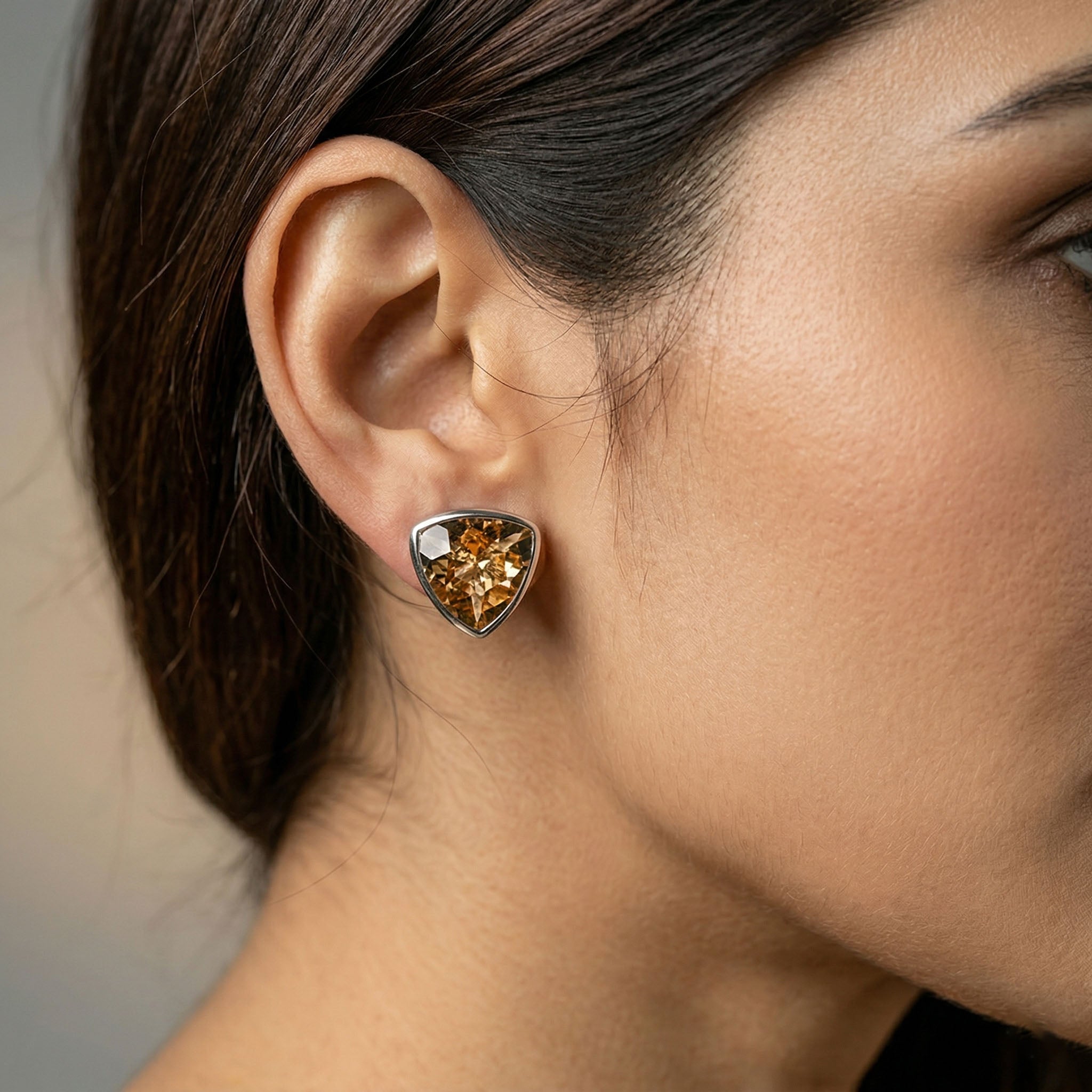 Citrine Stud Rhodium Polish Silver Earrings