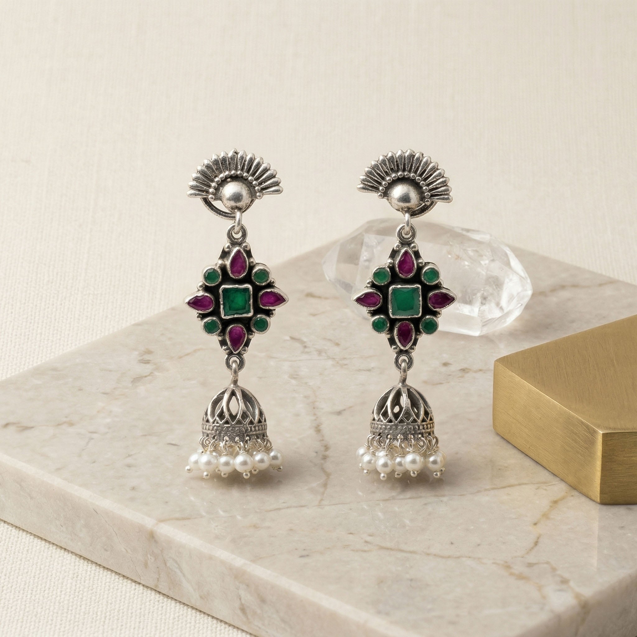 Moonraga Floral Rawa Work Jhumka Earrings with Red & Green Onyx