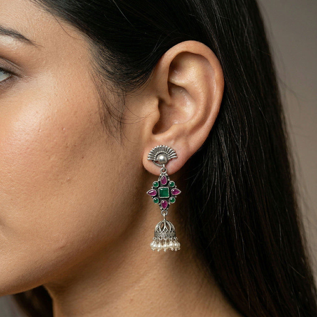 Moonraga Floral Rawa Work Jhumka Earrings with Red & Green Onyx