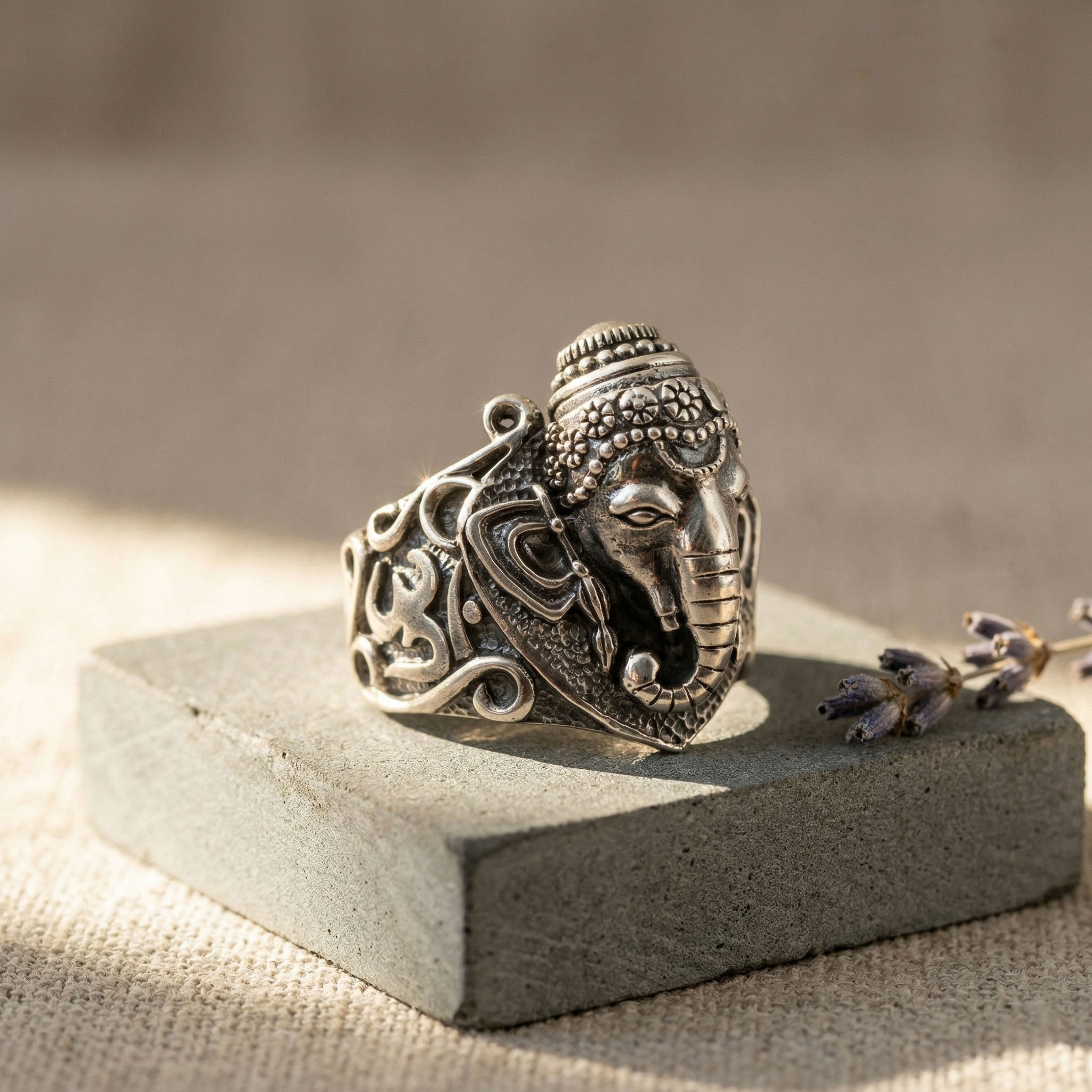 Ganesha & Om Engraved Silver Ring