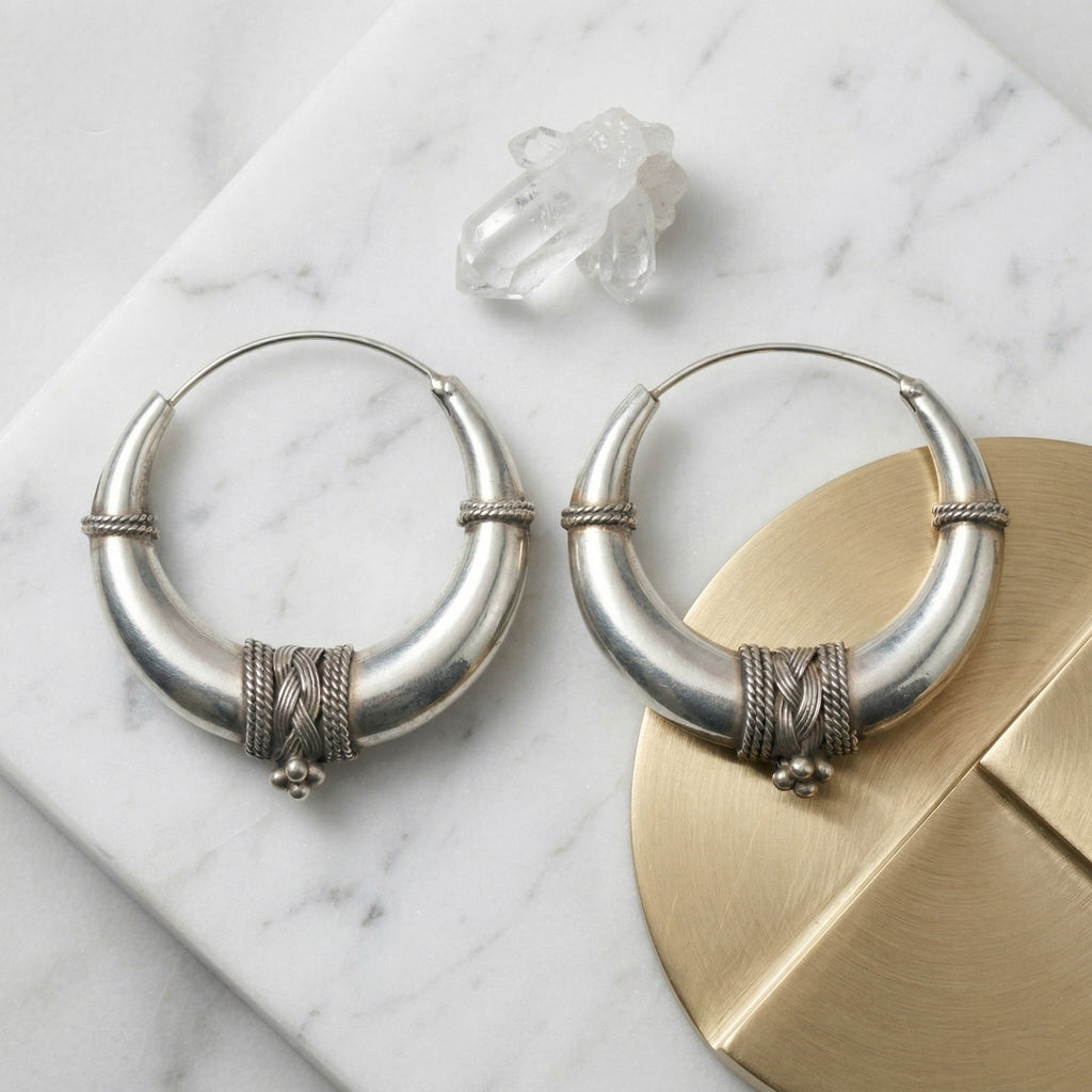 Moonraga Minimalist Gajai Work Sterling Silver Hoop Earrings