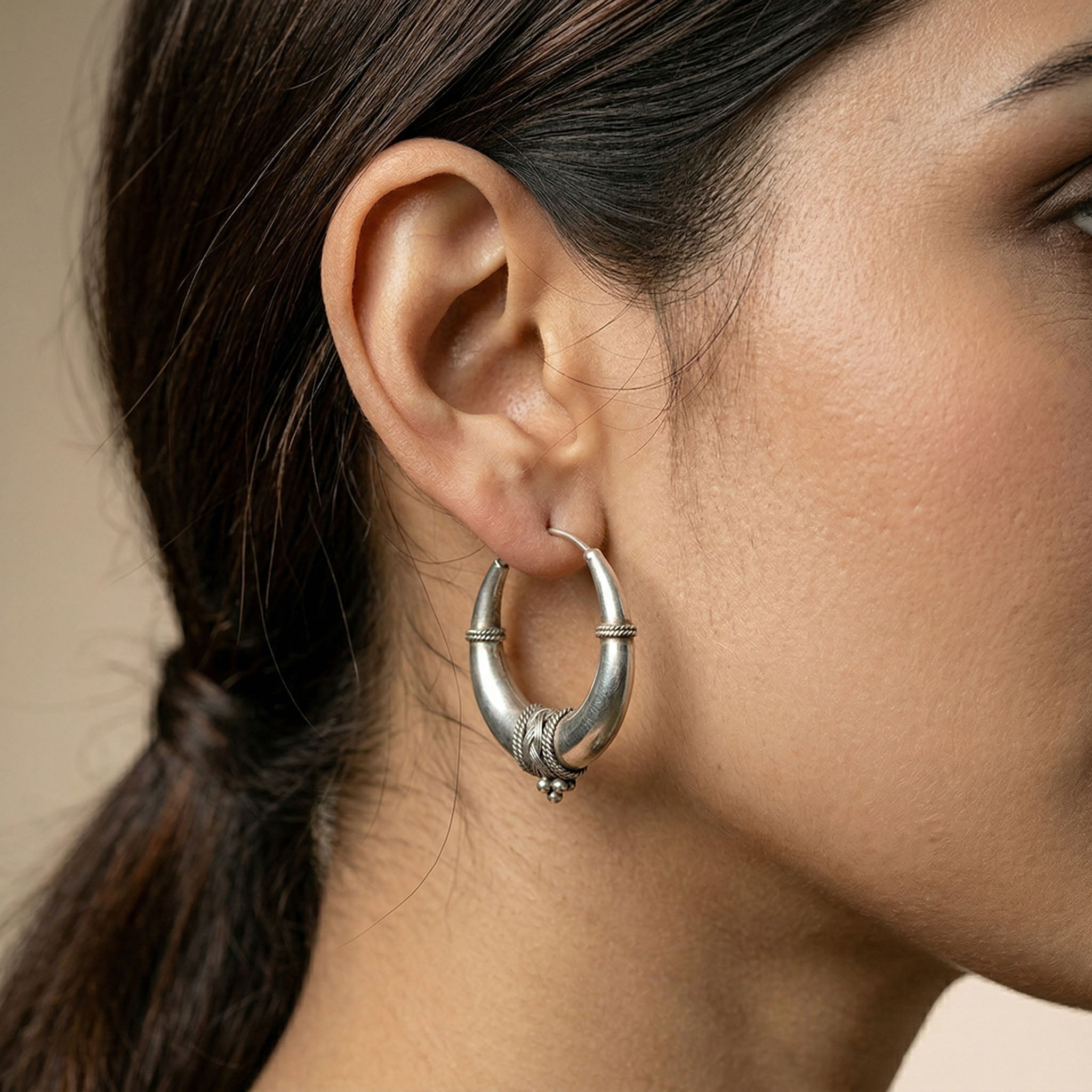 Moonraga Minimalist Gajai Work Sterling Silver Hoop Earrings