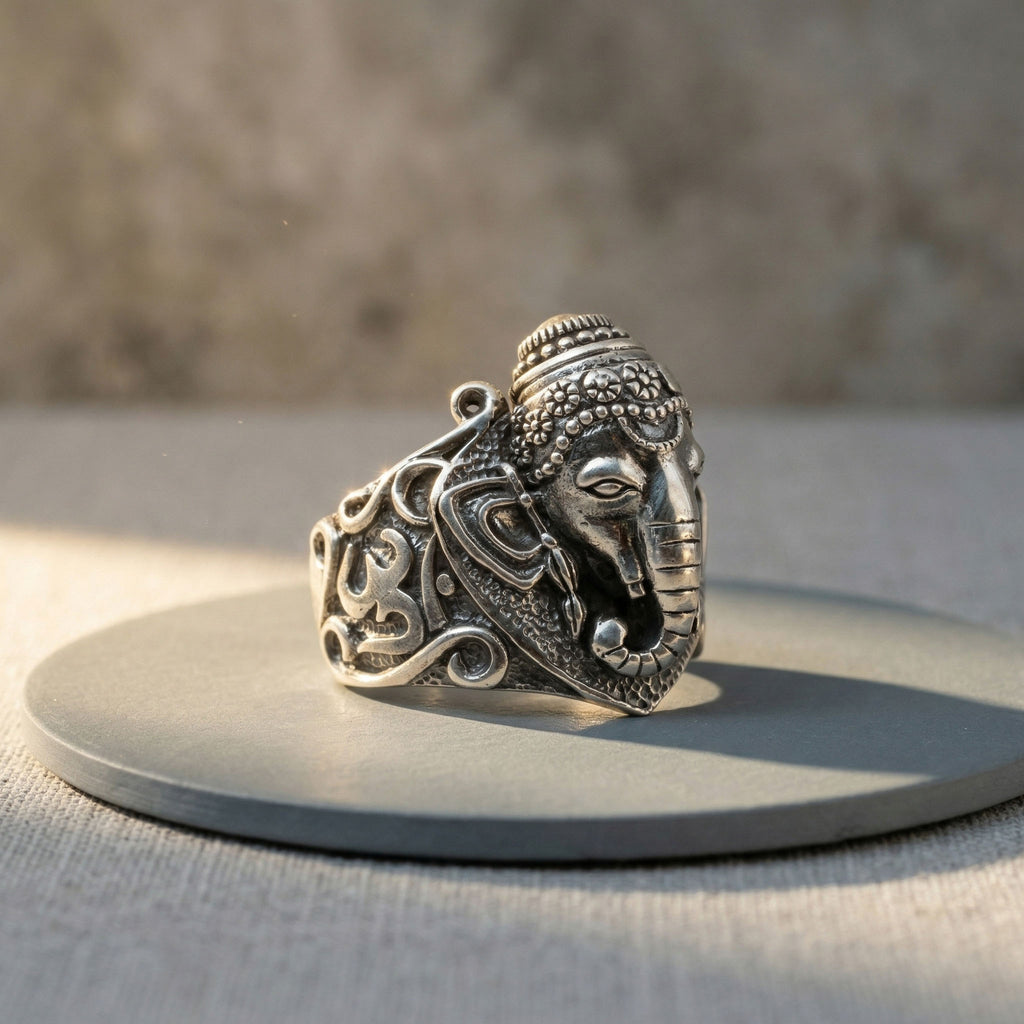 Ganesha & Om Engraved Silver Ring