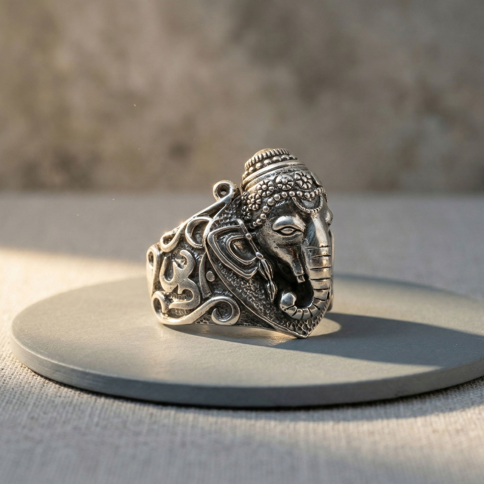 Ganesha & Om Engraved Silver Ring