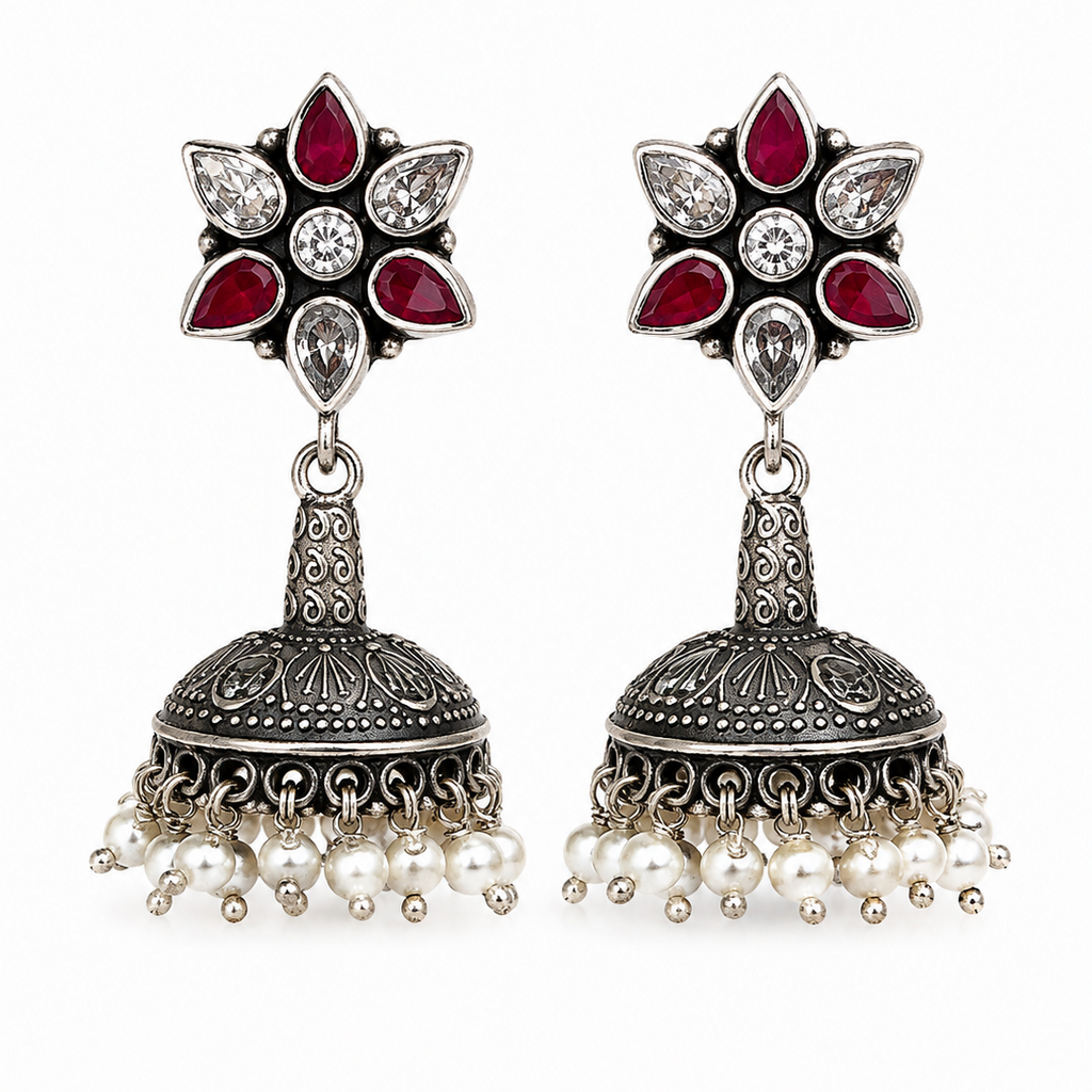 Oxidized Silver Ruby Jhumka Earrings – Pair