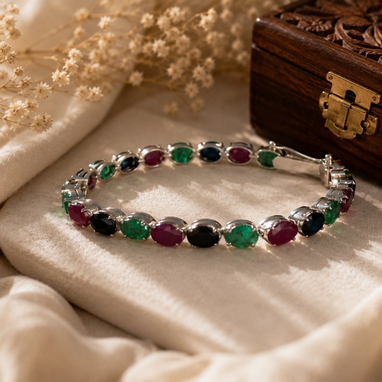Silver Ruby, Emerald & Sapphire Oval Link Bracelet