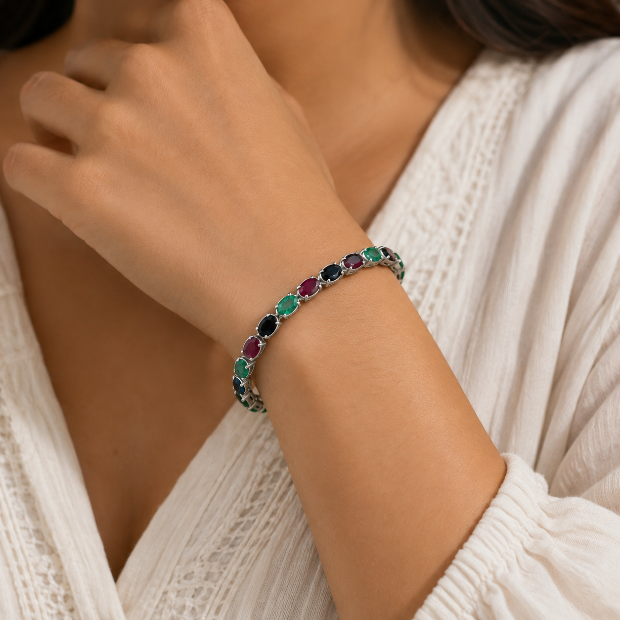 Silver Ruby, Emerald & Sapphire Oval Link Bracelet