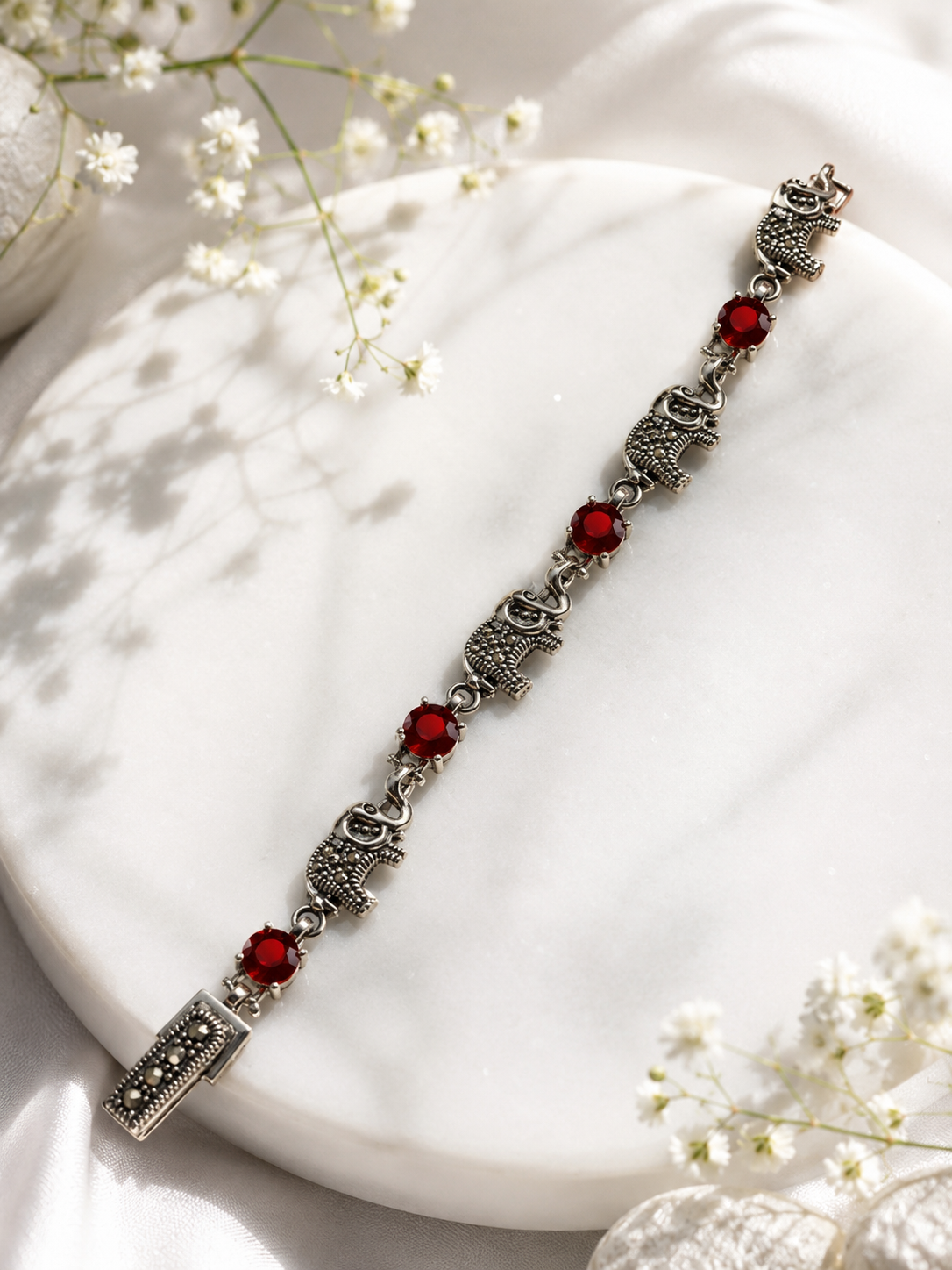 Elephant Charm Bracelet with Ruby Red Stones