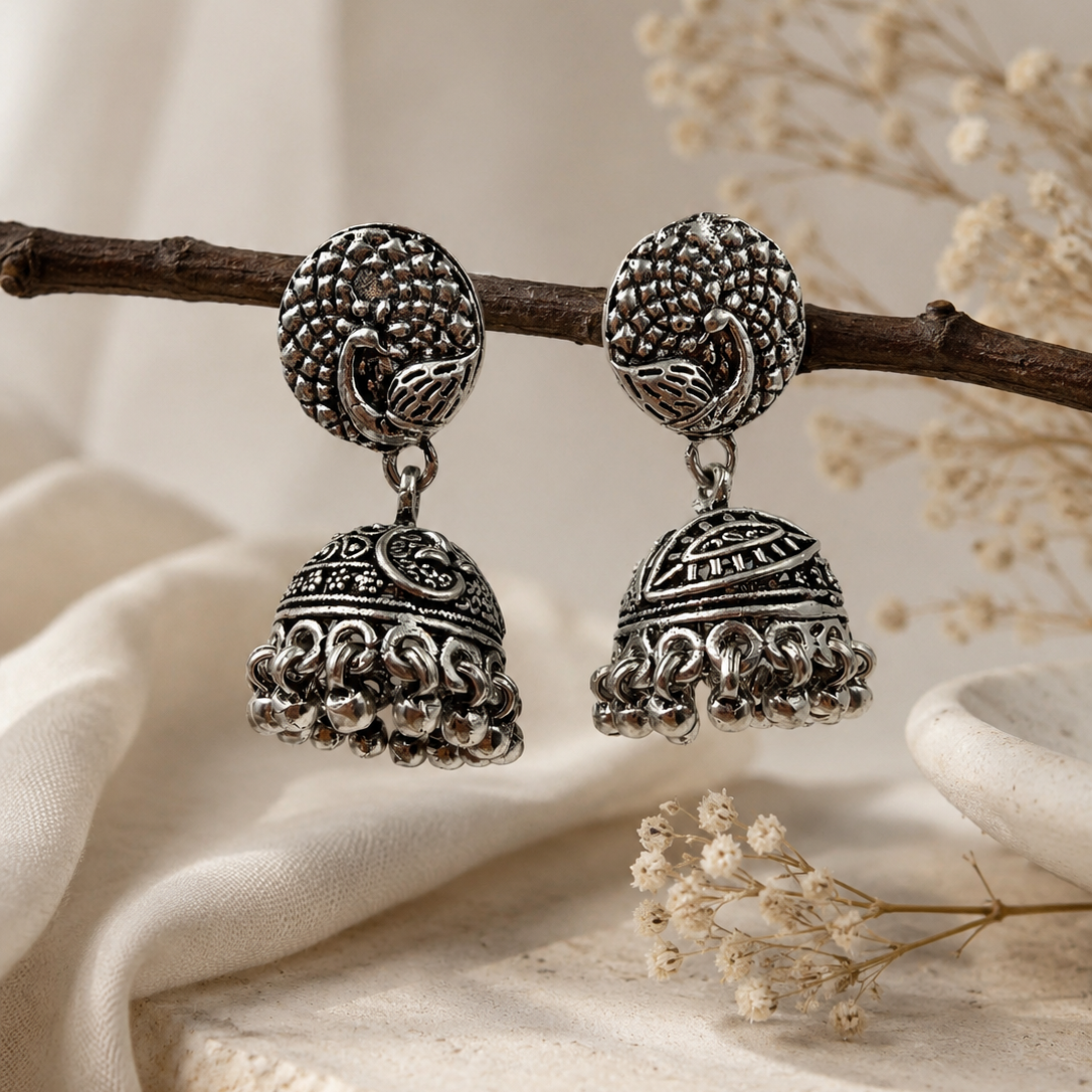 Peacock Bloom Oxidized Silver Jhumka Earrings