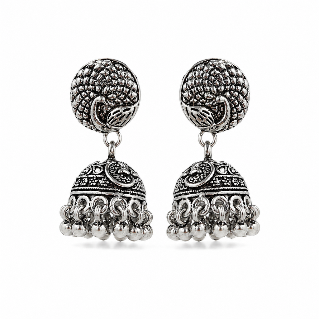Peacock Bloom Oxidized Silver Jhumka Earrings