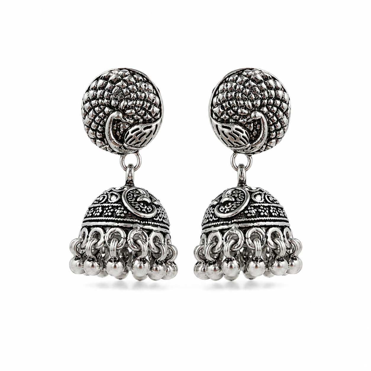 Peacock Bloom Oxidized Silver Jhumka Earrings