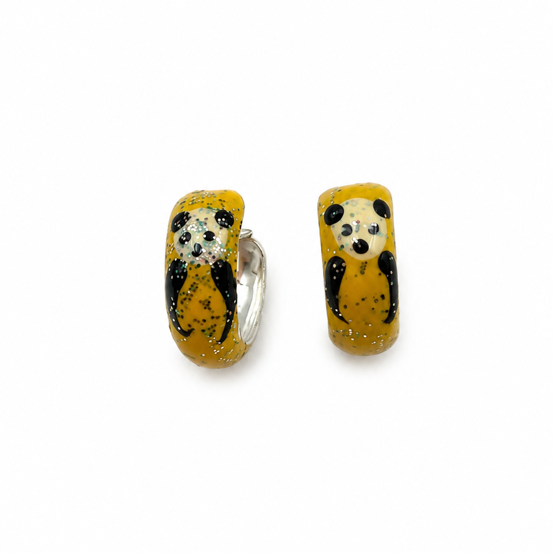 Golden Yellow Panda Enamel Hoop Earrings for Kids