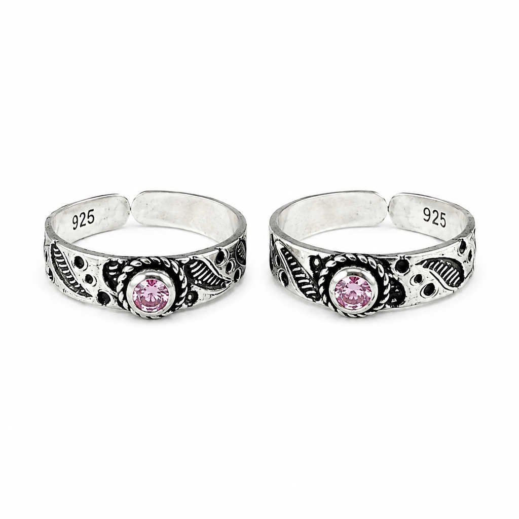 925 Sterling Silver Pink Stone Adjustable Toe Ring | Oxidized Floral Design | Minimal Ethnic Foot Jewelry