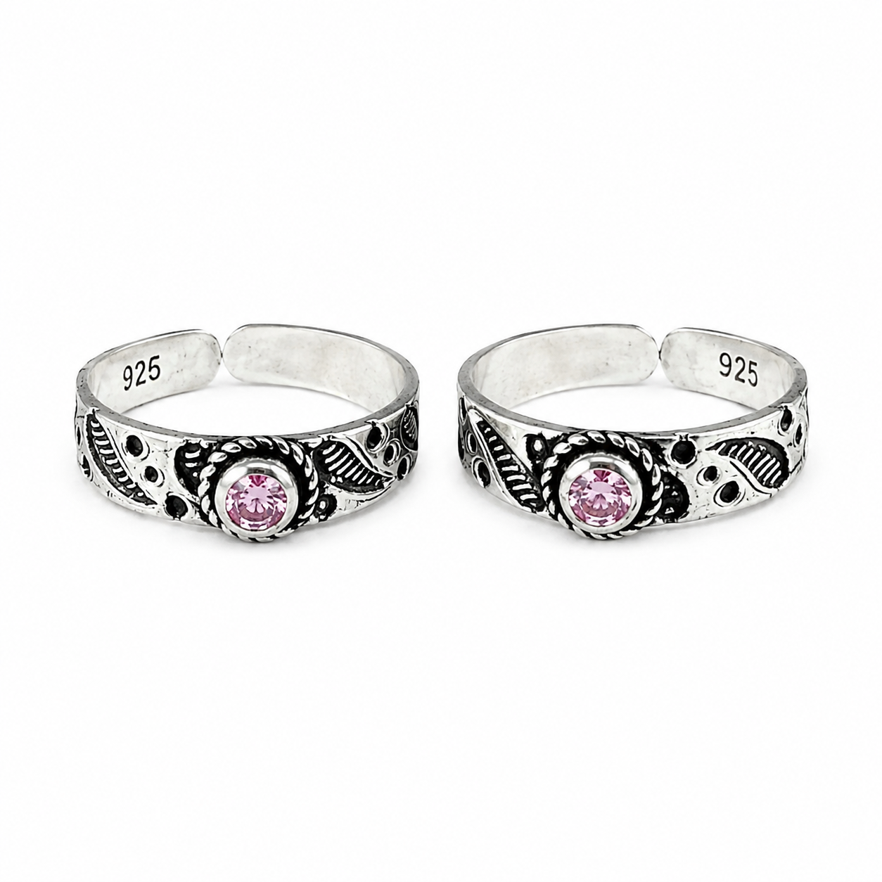 925 Sterling Silver Pink Stone Adjustable Toe Ring | Oxidized Floral Design | Minimal Ethnic Foot Jewelry