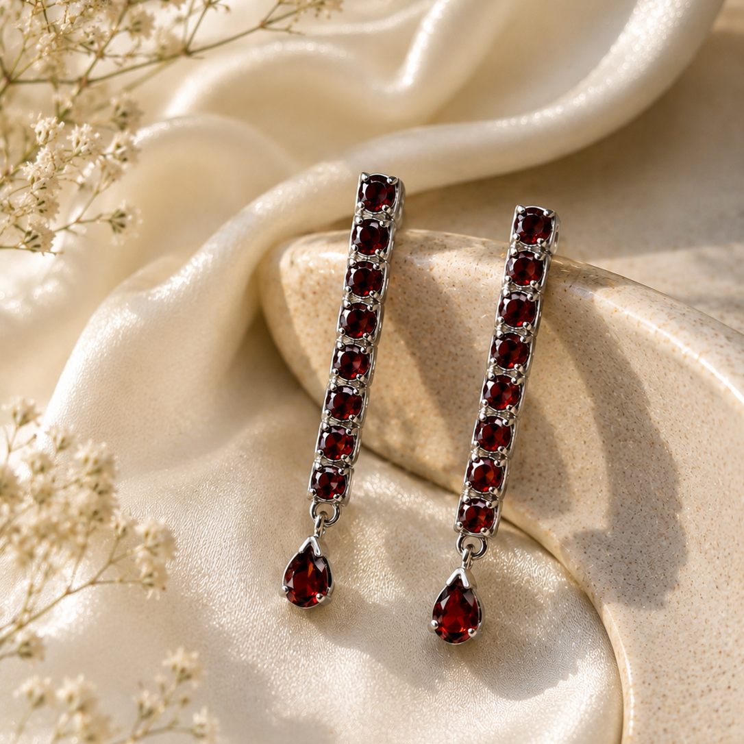 925 Sterling Silver Ruby Linear Drop Earrings | Elegant Teardrop Ruby Dangle Earrings