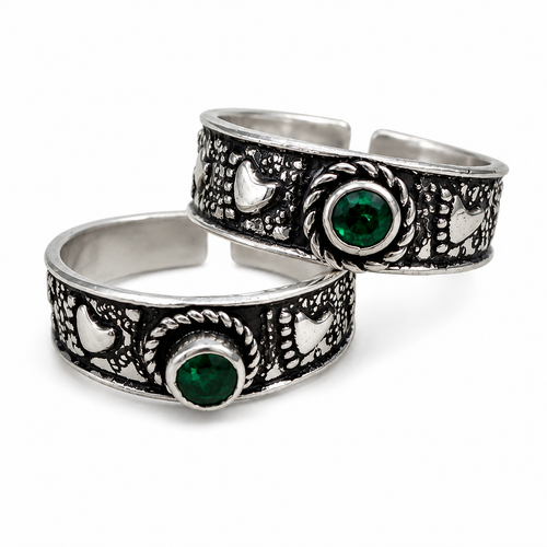 925 Sterling Silver Green Stone Oxidised Toe Rings for Women