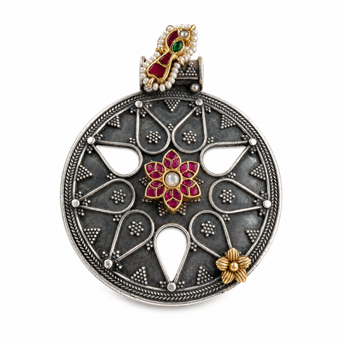 925 Sterling Silver Floral Mandala Pendant | Handcrafted Oxidized Statement Jewelry