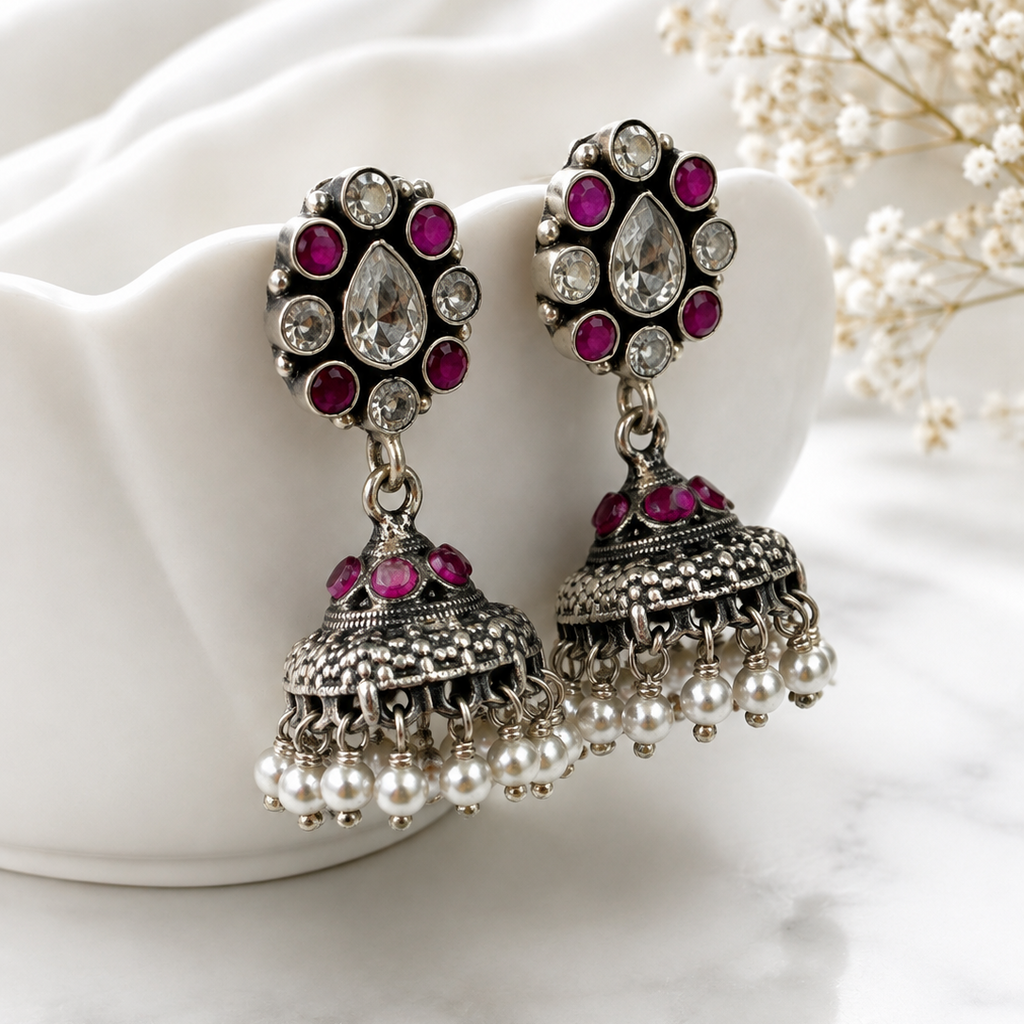 Ruby Bloom Oxidized Silver Jhumka Earrings