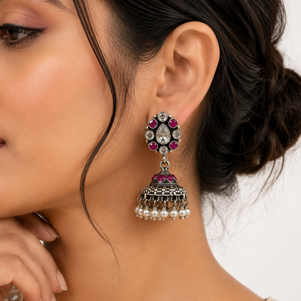 Ruby Bloom Oxidized Silver Jhumka Earrings