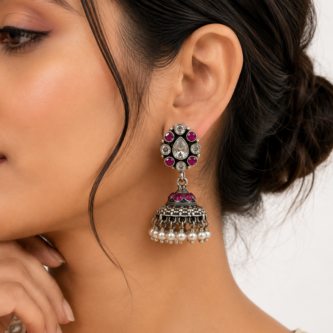Ruby Bloom Oxidized Silver Jhumka Earrings