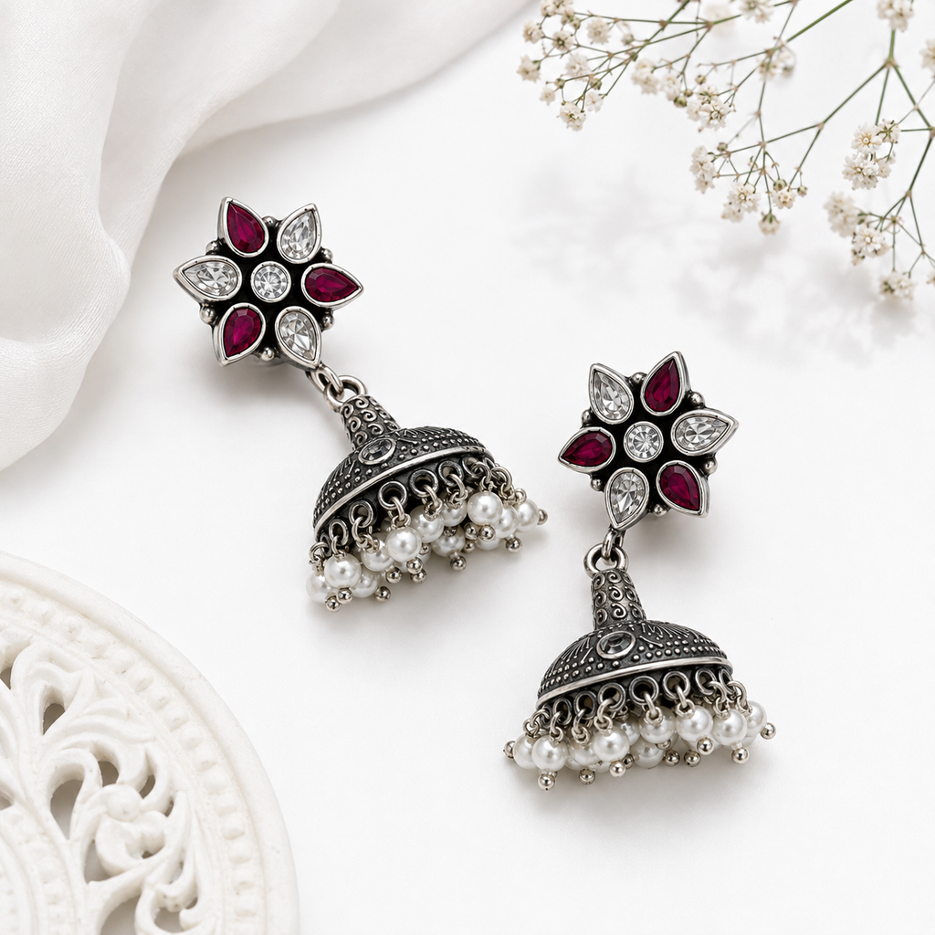 Oxidized Silver Ruby Jhumka Earrings – Pair