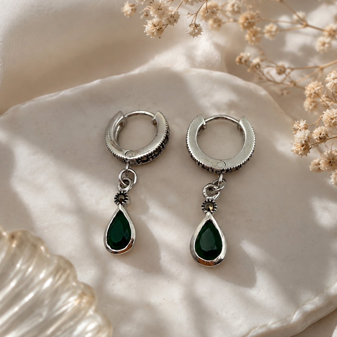 Kids’ Green Teardrop Hoop Earrings – Sterling Silver Look