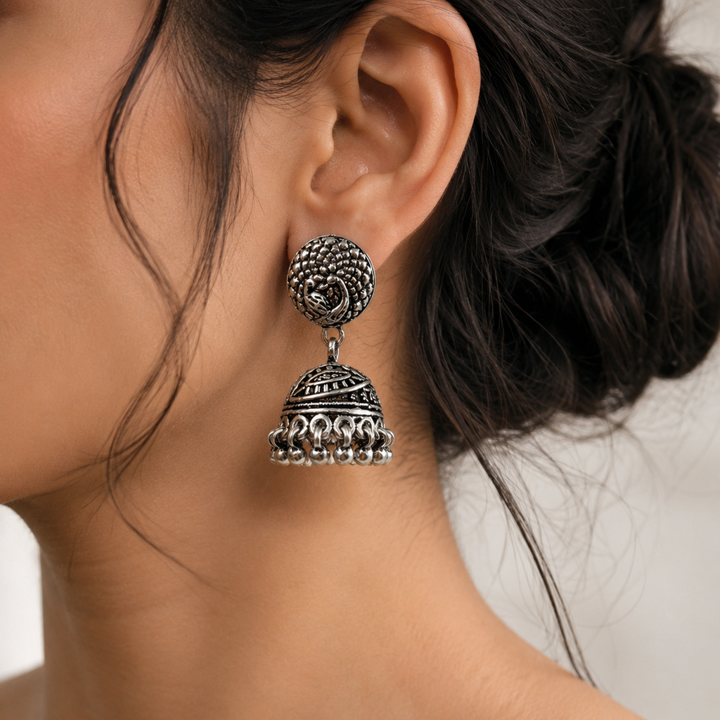 Peacock Bloom Oxidized Silver Jhumka Earrings