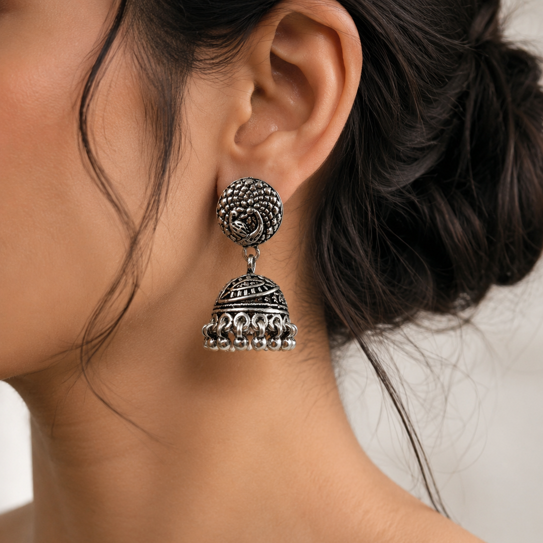 Peacock Bloom Oxidized Silver Jhumka Earrings