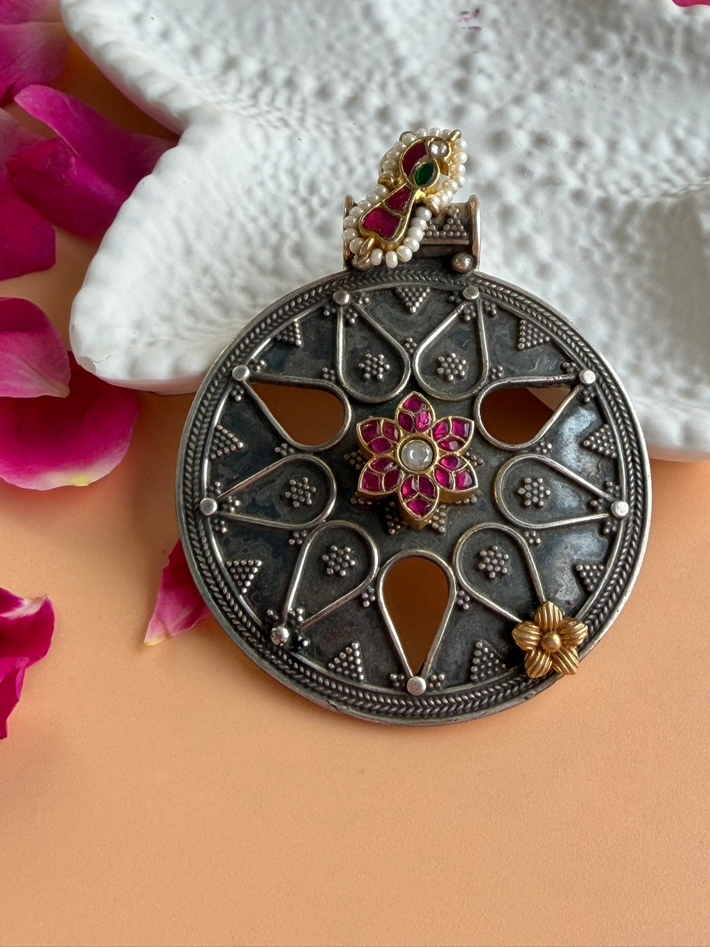 925 Sterling Silver Floral Mandala Pendant | Handcrafted Oxidized Statement Jewelry