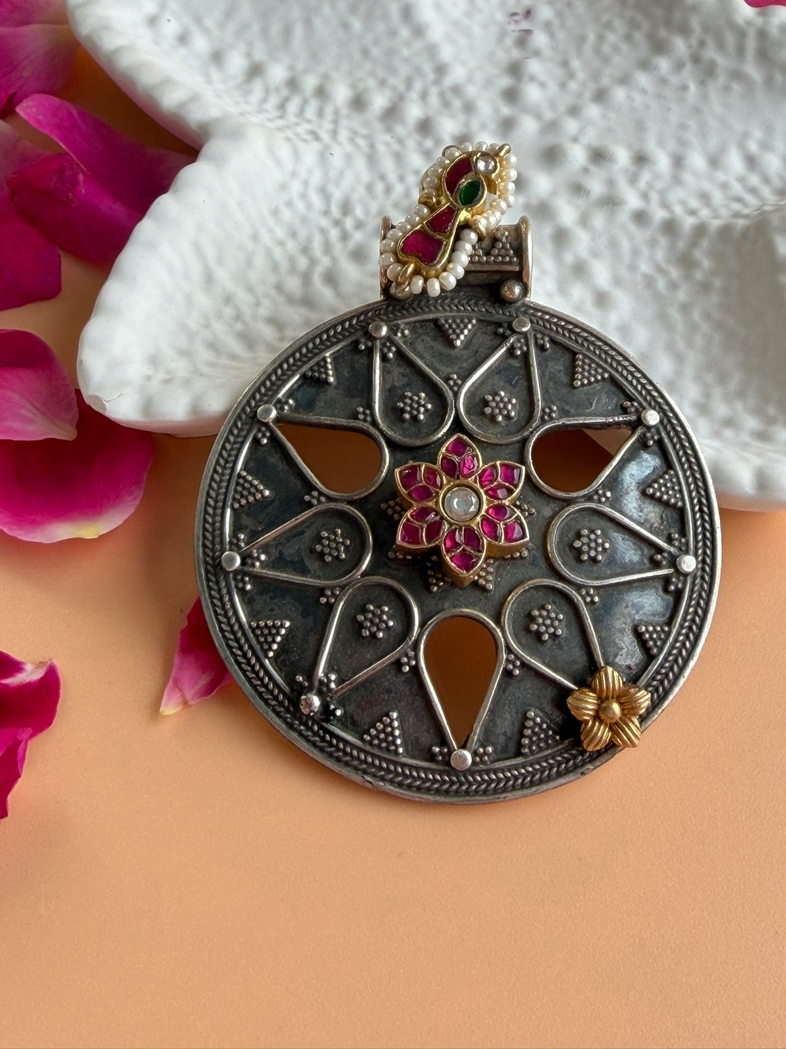 925 Sterling Silver Floral Mandala Pendant | Handcrafted Oxidized Statement Jewelry