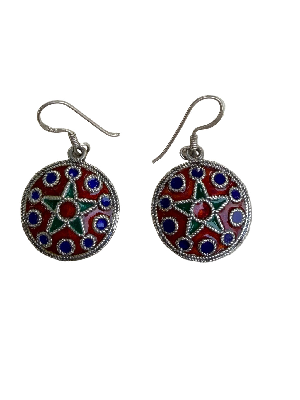 Handcrafted Red & Blue Enamel Round Silver Earrings | Ethnic Boho Dangle Earrings