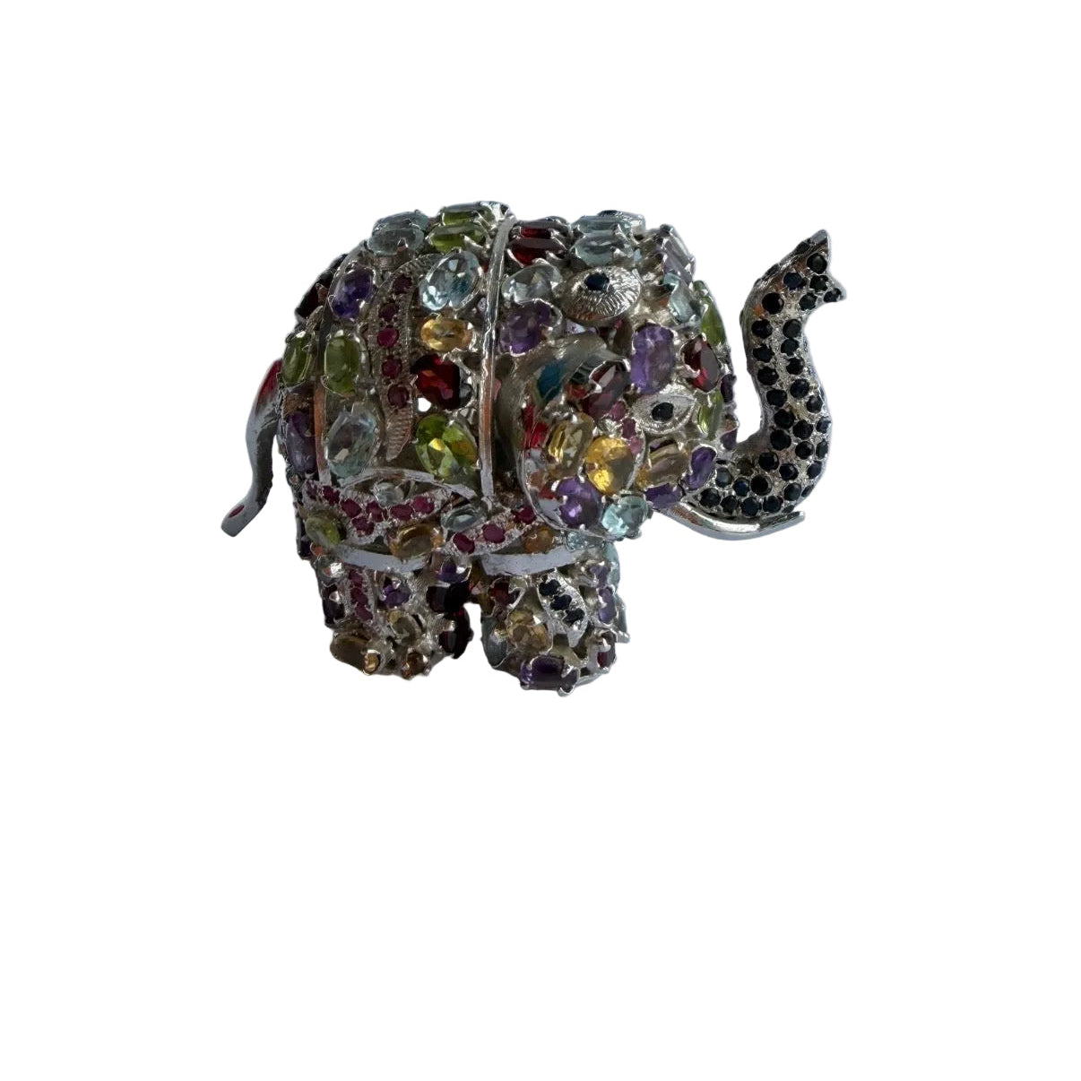 Multicolor Gemstone Elephant Silver Figurine