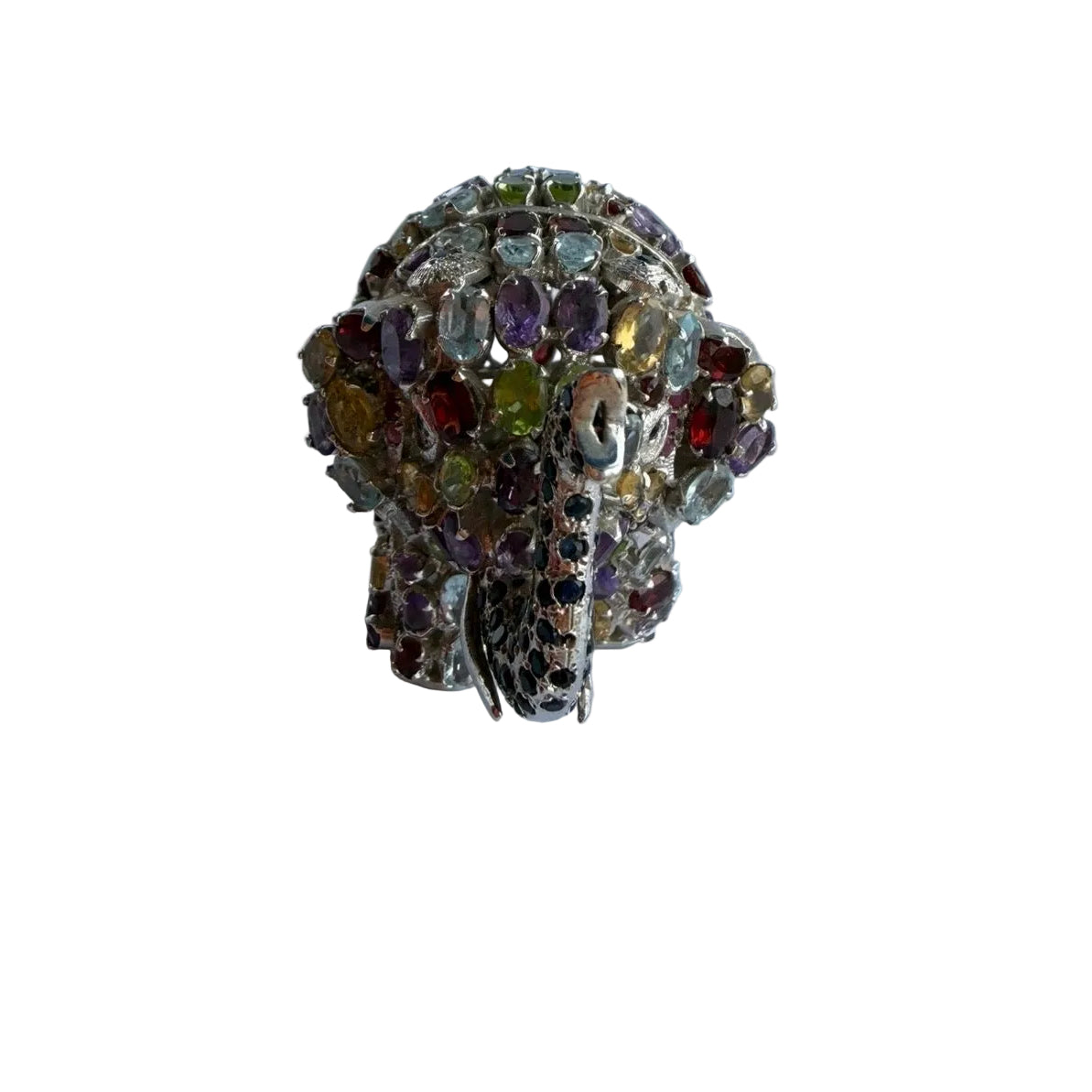 Multicolor Gemstone Elephant Silver Figurine
