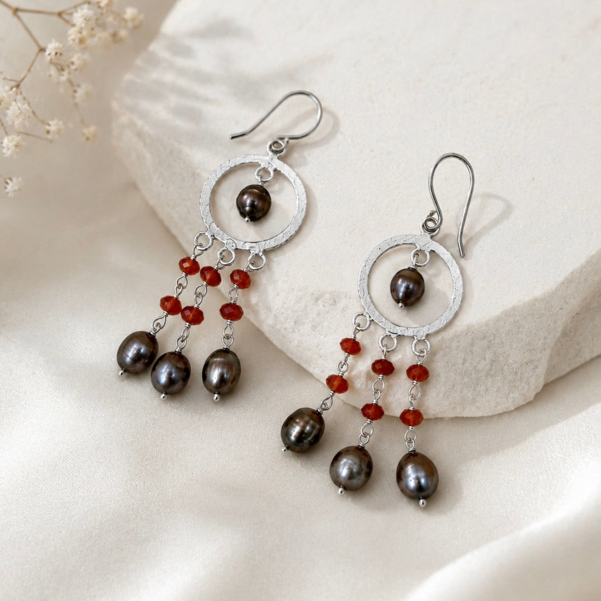 Carnelian & Dark Pearl Sterling Silver Drop Earrings